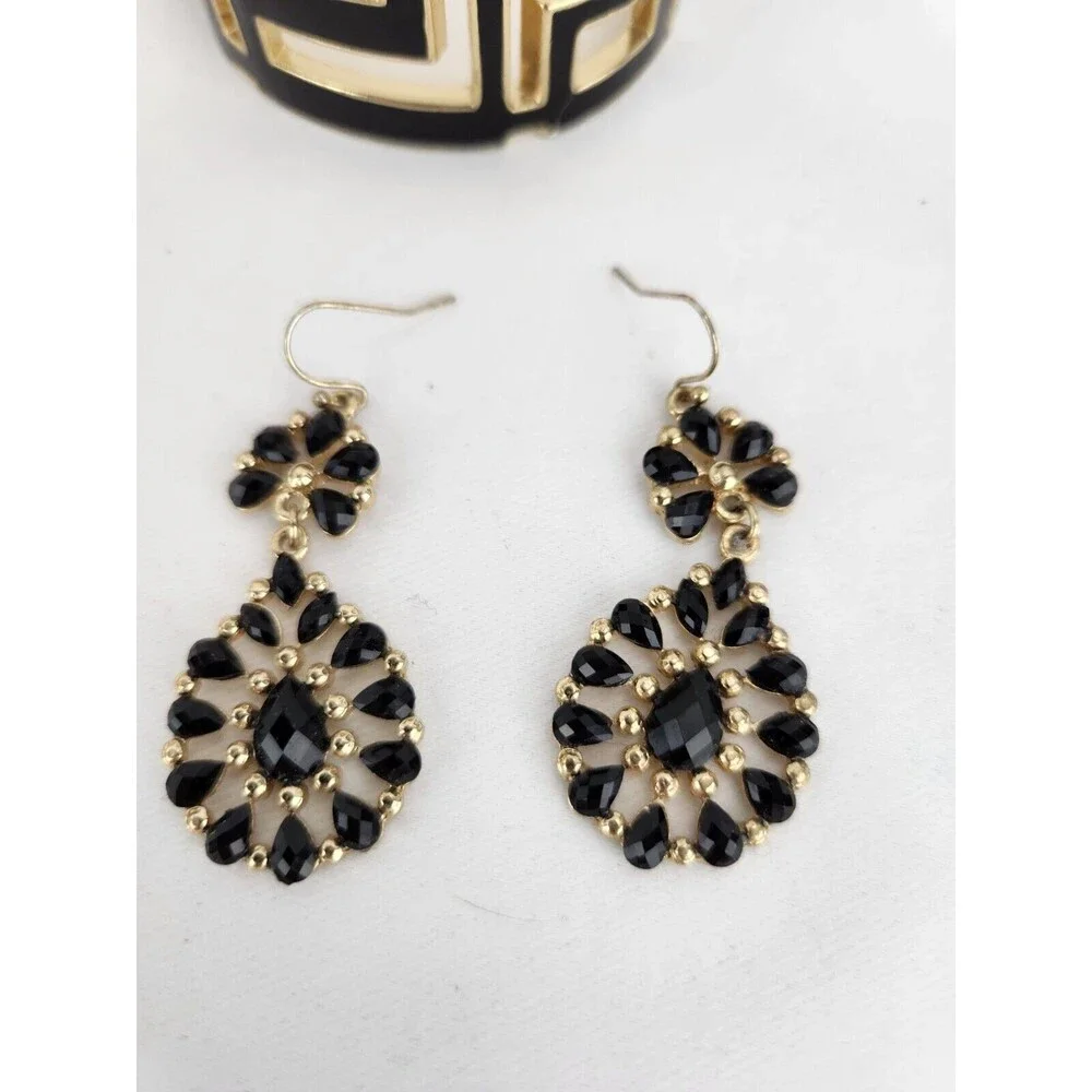 Gold‎ Tone Black Floral Beaded Statement Necklace Clasp Bracelet Earrings